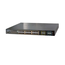 IPv6 L2+/L4 24-Port 10/100/1000BaseT 802.3at PoE+ plus 2-Port 10G SFP+ Gigabit Ethernet stackable Switch, trunking stack up to 16 units