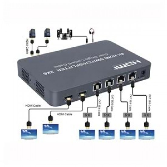 HDMI 2x6 Matrix Switch with Extender 120m 2 in 6 Out